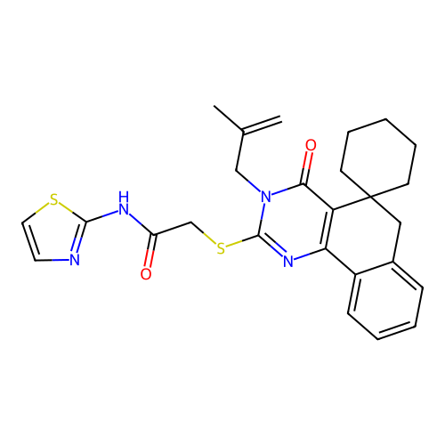 2-((3-(2-methylallyl)-4-oxo-4,6-dihydro-3H-spiro[benzo[h]quinazoline-5,1'-cyclohexan]-2-yl)thio)-N-(thiazol-2-yl)acetamide structure