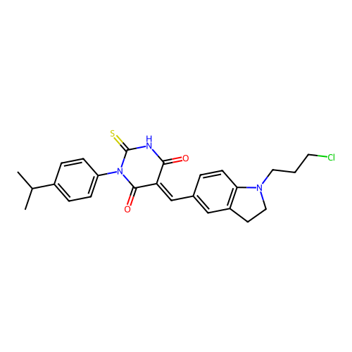 (5E)-5-[[1-(3-chloropropyl)-2,3-dihydroindol-5-yl]methylidene]-1-(4-propan-2-ylphenyl)-2-sulfanylidene-1,3-diazinane-4,6-dione structure