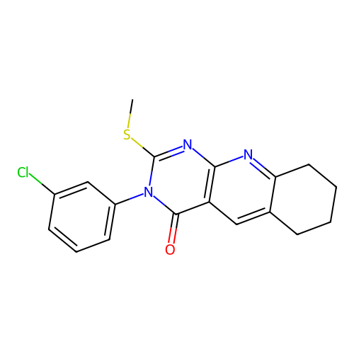 3-(3-chlorophenyl)-2-(methylthio)-6,7,8,9-tetrahydropyrimido[4,5-b]quinolin-4(3H)-one structure