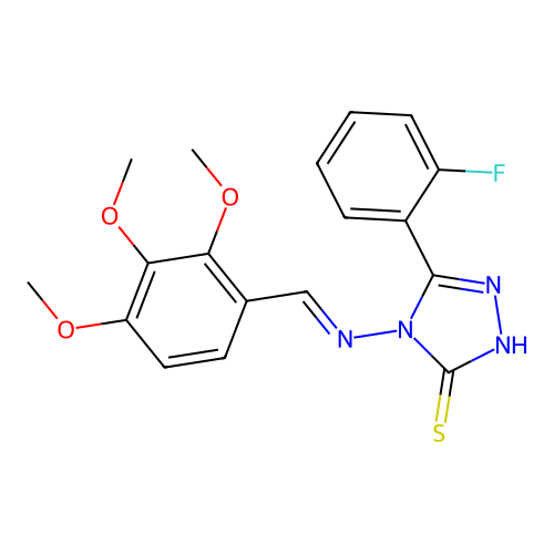 (E)-5-(2-fluorophenyl)-4-((2,3,4-trimethoxybenzylidene)amino)-4H-1,2,4-triazole-3-thiol structure