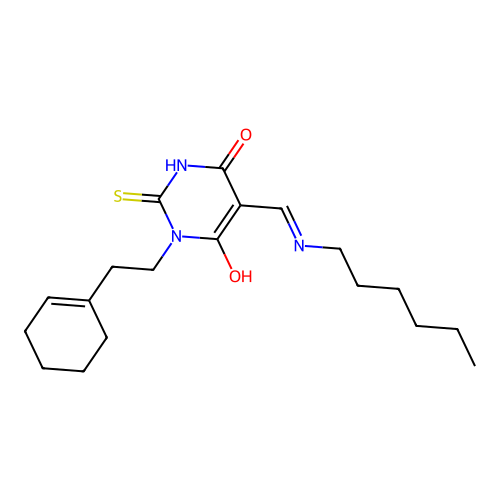 (5Z)-1-[2-(cyclohex-1-en-1-yl)ethyl]-5-[(hexylamino)methylidene]-2-sulfanylpyrimidine-4,6(1H,5H)-dione structure