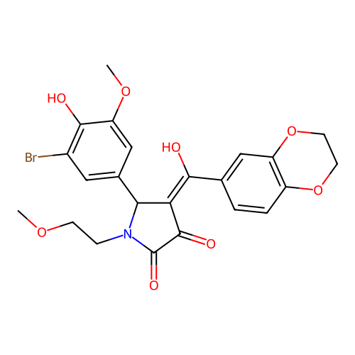 (4E)-5-(3-bromo-4-hydroxy-5-methoxyphenyl)-4-[2,3-dihydro-1,4-benzodioxin-6-yl(hydroxy)methylidene]-1-(2-methoxyethyl)pyrrolidine-2,3-dione structure