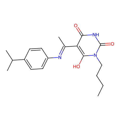 (Z)-1-butyl-5-(1-((4-isopropylphenyl)amino)ethylidene)pyrimidine-2,4,6(1H,3H,5H)-trione structure