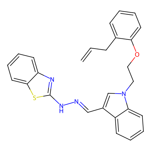 N-[[1-[2-(2-prop-2-enylphenoxy)ethyl]indol-3-yl]methylideneamino]benzothiazol-2-amine structure