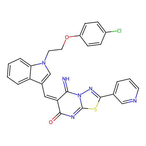 (6E)-6-({1-[2-(4-chlorophenoxy)ethyl]-1H-indol-3-yl}methylidene)-5-imino-2-(pyridin-3-yl)-5,6-dihydro-7H-[1,3,4]thiadiazolo[3,2-a]pyrimidin-7-one structure