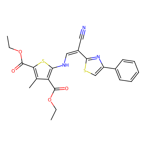 (Z)-diethyl 5-((2-cyano-2-(4-phenylthiazol-2-yl)vinyl)amino)-3-methylthiophene-2,4-dicarboxylate structure