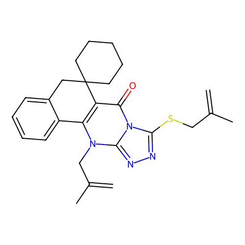 12-(2-methylallyl)-9-((2-methylallyl)thio)-5H-spiro[benzo[h][1,2,4]triazolo[3,4-b]quinazoline-6,1'-cyclohexan]-7(12H)-one structure
