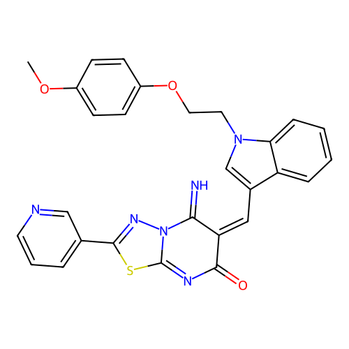 (E)-5-imino-6-((1-(2-(4-methoxyphenoxy)ethyl)-1H-indol-3-yl)methylene)-2-(pyridin-3-yl)-5H-[1,3,4]thiadiazolo[3,2-a]pyrimidin-7(6H)-one structure