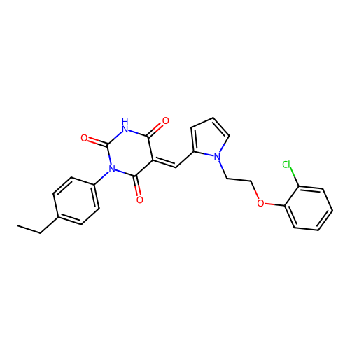 (5E)-5-({1-[2-(2-chlorophenoxy)ethyl]-1H-pyrrol-2-yl}methylidene)-3-(4-ethylphenyl)-6-hydroxypyrimidine-2,4(3H,5H)-dione structure