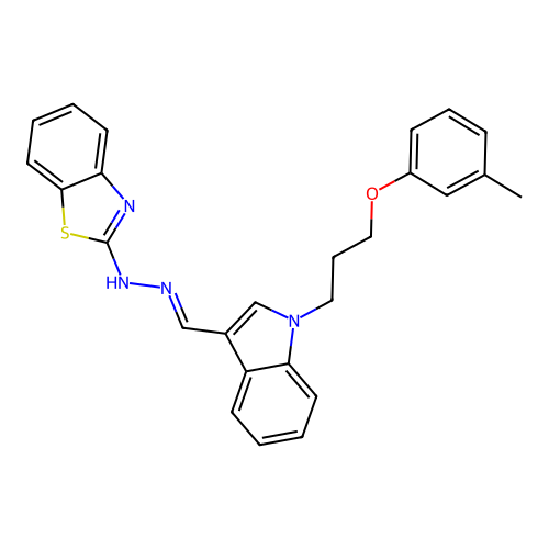 (E)-2-(2-((1-(3-(m-tolyloxy)propyl)-1H-indol-3-yl)methylene)hydrazinyl)benzo[d]thiazole structure