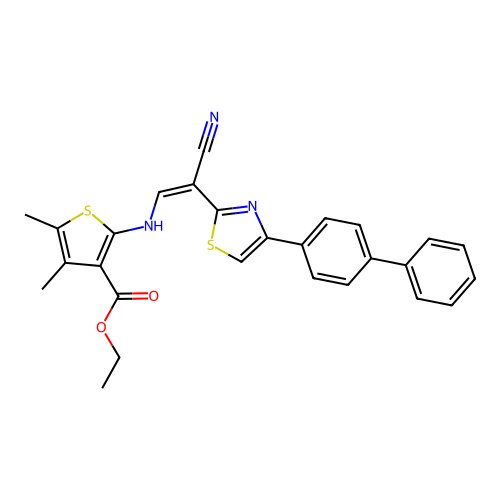 (Z)-ethyl 2-((2-(4-([1,1'-biphenyl]-4-yl)thiazol-2-yl)-2-cyanovinyl)amino)-4,5-dimethylthiophene-3-carboxylate structure