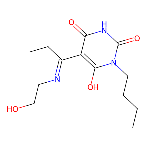 1-butyl-5-[1-(2-hydroxyethylamino)propylidene]-1,3-diazinane-2,4,6-trione structure