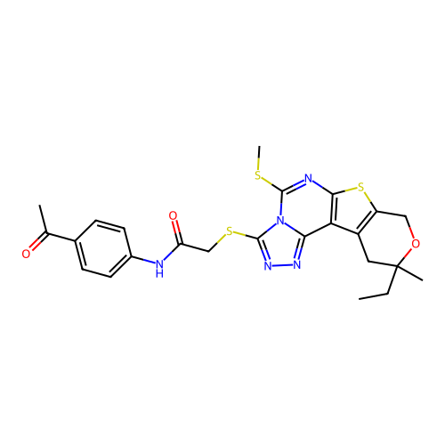 N-(4-acetylphenyl)-2-((10-ethyl-10-methyl-5-(methylthio)-10,11-dihydro-8H-pyrano[4',3':4,5]thieno[3,2-e][1,2,4]triazolo[4,3-c]pyrimidin-3-yl)thio)acetamide structure