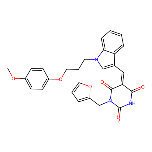 (Z)-1-(furan-2-ylmethyl)-5-((1-(3-(4-methoxyphenoxy)propyl)-1H-indol-3-yl)methylene)pyrimidine-2,4,6(1H,3H,5H)-trione structure