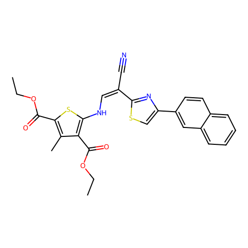 (Z)-diethyl 5-((2-cyano-2-(4-(naphthalen-2-yl)thiazol-2-yl)vinyl)amino)-3-methylthiophene-2,4-dicarboxylate structure