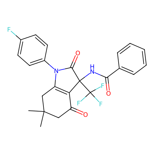 N-[1-(4-fluorophenyl)-6,6-dimethyl-2,4-dioxo-3-(trifluoromethyl)-2,3,4,5,6,7-hexahydro-1H-indol-3-yl]benzamide structure