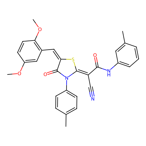 (2Z)-2-cyano-2-[(5E)-5-(2,5-dimethoxybenzylidene)-3-(4-methylphenyl)-4-oxo-1,3-thiazolidin-2-ylidene]-N-(3-methylphenyl)ethanamide structure
