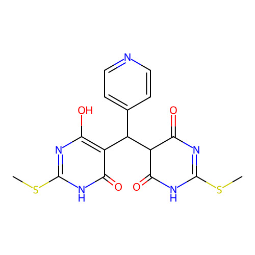 5-((6-hydroxy-2-(methylthio)-4-oxo-1,4-dihydropyrimidin-5-yl)(pyridin-4-yl)methyl)-2-(methylthio)pyrimidine-4,6(1H,5H)-dione structure