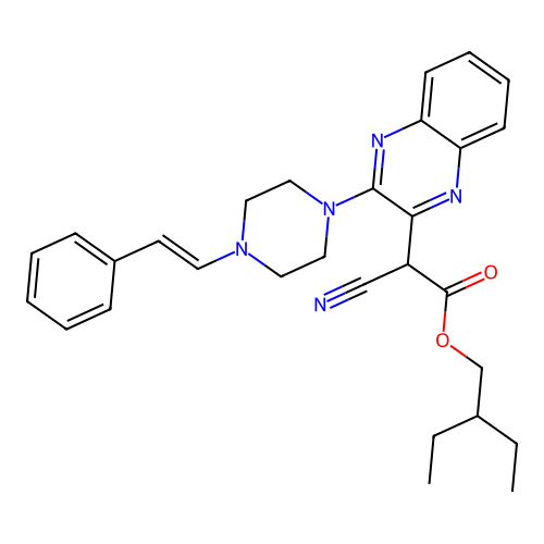 (E)-2-ethylbutyl 2-cyano-2-(3-(4-styrylpiperazin-1-yl)quinoxalin-2-yl)acetate structure