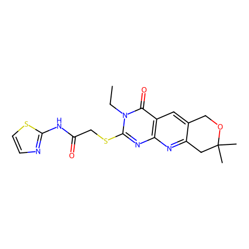 2-((3-ethyl-8,8-dimethyl-4-oxo-4,6,8,9-tetrahydro-3H-pyrano[3',4':5,6]pyrido[2,3-d]pyrimidin-2-yl)thio)-N-(thiazol-2-yl)acetamide structure