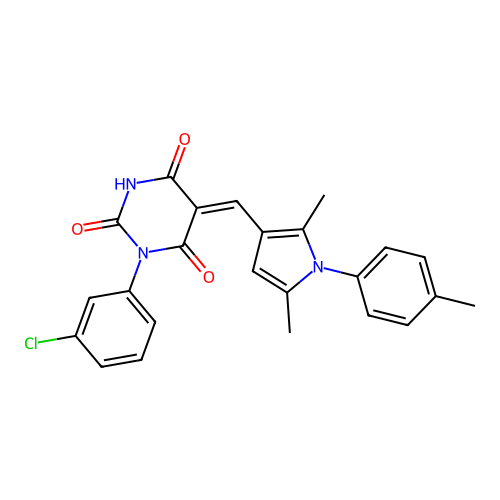 (Z)-1-(3-chlorophenyl)-5-((2,5-dimethyl-1-(p-tolyl)-1H-pyrrol-3-yl)methylene)pyrimidine-2,4,6(1H,3H,5H)-trione structure