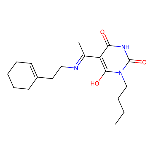 (5E)-1-butyl-5-[1-[2-(cyclohexen-1-yl)ethylamino]ethylidene]-1,3-diazinane-2,4,6-trione structure
