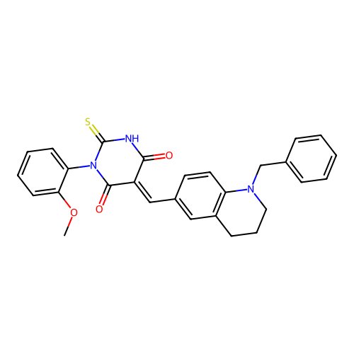 (5E)-5-[(1-benzyl-1,2,3,4-tetrahydroquinolin-6-yl)methylidene]-1-(2-methoxyphenyl)-2-thioxodihydropyrimidine-4,6(1H,5H)-dione structure