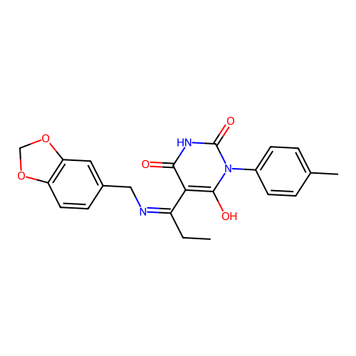 (5E)-5-{1-[(1,3-benzodioxol-5-ylmethyl)amino]propylidene}-6-hydroxy-3-(4-methylphenyl)pyrimidine-2,4(3H,5H)-dione structure