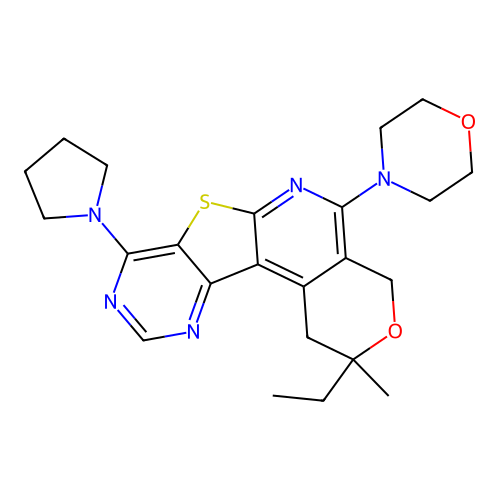 2-ethyl-2-methyl-5-(morpholin-4-yl)-8-(pyrrolidin-1-yl)-1,4-dihydro-2H-pyrano[4'',3'':4',5']pyrido[3',2':4,5]thieno[3,2-d]pyrimidine structure