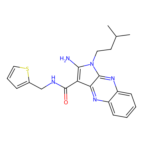 2-amino-1-(3-methylbutyl)-N-(thiophen-2-ylmethyl)pyrrolo[3,2-b]quinoxaline-3-carboxamide structure