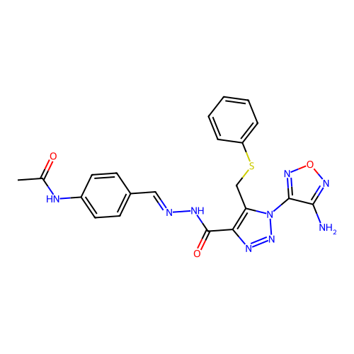 (E)-N-(4-((2-(1-(4-amino-1,2,5-oxadiazol-3-yl)-5-((phenylthio)methyl)-1H-1,2,3-triazole-4-carbonyl)hydrazono)methyl)phenyl)acetamide structure
