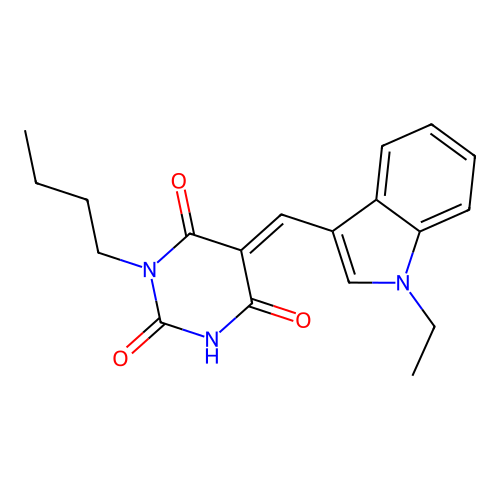 1-butyl-5-[(1-ethylindol-3-yl)methylidene]-1,3-diazinane-2,4,6-trione structure