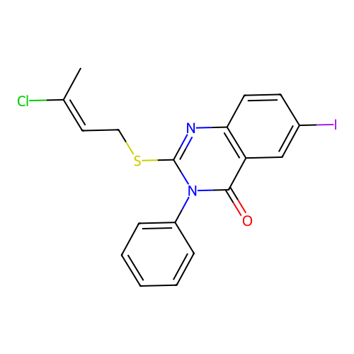 2-{[(2E)-3-chlorobut-2-en-1-yl]sulfanyl}-6-iodo-3-phenylquinazolin-4(3H)-one structure