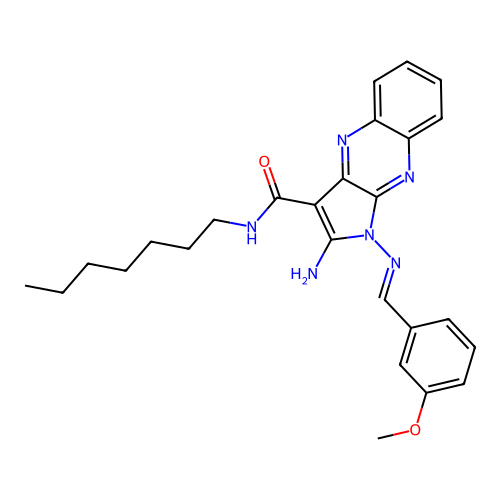 (E)-2-amino-N-heptyl-1-((3-methoxybenzylidene)amino)-1H-pyrrolo[2,3-b]quinoxaline-3-carboxamide structure