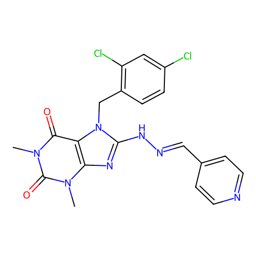 (E)-7-(2,4-dichlorobenzyl)-1,3-dimethyl-8-(2-(pyridin-4-ylmethylene)hydrazinyl)-1H-purine-2,6(3H,7H)-dione structure