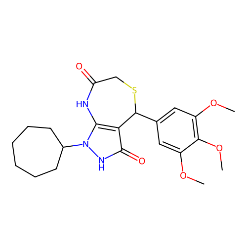 1-cycloheptyl-3-hydroxy-4-(3,4,5-trimethoxyphenyl)-6,8-dihydro-1H-pyrazolo[3,4-e][1,4]thiazepin-7(4H)-one structure