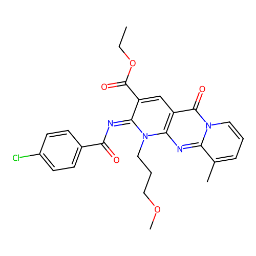 (Z)-ethyl 2-((4-chlorobenzoyl)imino)-1-(3-methoxypropyl)-10-methyl-5-oxo-2,5-dihydro-1H-dipyrido[1,2-a:2',3'-d]pyrimidine-3-carboxylate structure