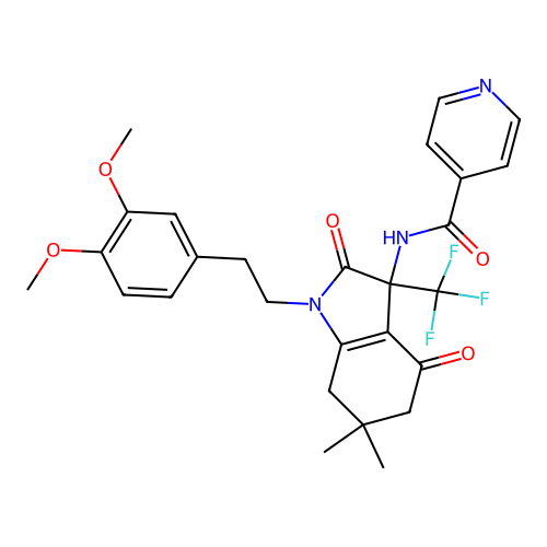 N-(1-(3,4-dimethoxyphenethyl)-6,6-dimethyl-2,4-dioxo-3-(trifluoromethyl)-2,3,4,5,6,7-hexahydro-1H-indol-3-yl)isonicotinamide structure