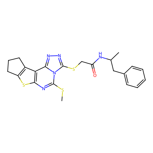 2-((5-(methylthio)-9,10-dihydro-8H-cyclopenta[4,5]thieno[3,2-e][1,2,4]triazolo[4,3-c]pyrimidin-3-yl)thio)-N-(1-phenylpropan-2-yl)acetamide structure