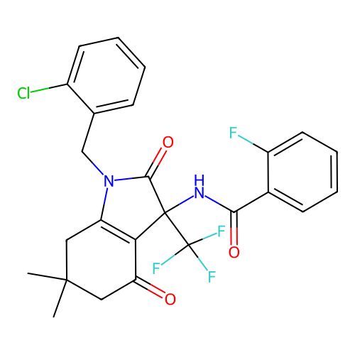N-(1-(2-chlorobenzyl)-6,6-dimethyl-2,4-dioxo-3-(trifluoromethyl)-2,3,4,5,6,7-hexahydro-1H-indol-3-yl)-2-fluorobenzamide structure