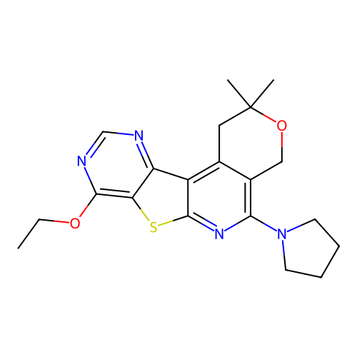 8-ethoxy-2,2-dimethyl-5-(pyrrolidin-1-yl)-1,4-dihydro-2H-pyrano[4'',3'':4',5']pyrido[3',2':4,5]thieno[3,2-d]pyrimidine structure