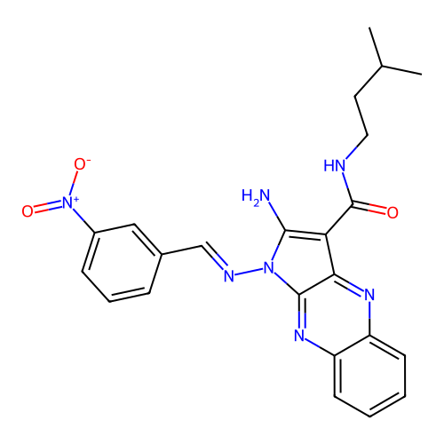 (E)-2-amino-N-isopentyl-1-((3-nitrobenzylidene)amino)-1H-pyrrolo[2,3-b]quinoxaline-3-carboxamide structure