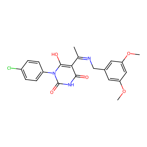 (Z)-1-(4-chlorophenyl)-5-(1-((3,5-dimethoxybenzyl)amino)ethylidene)pyrimidine-2,4,6(1H,3H,5H)-trione structure