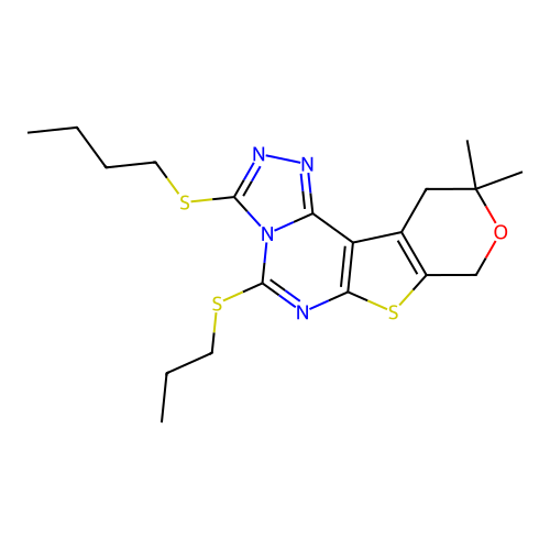 3-(butylsulfanyl)-10,10-dimethyl-5-(propylsulfanyl)-10,11-dihydro-8H-pyrano[4',3':4,5]thieno[3,2-e][1,2,4]triazolo[4,3-c]pyrimidine structure