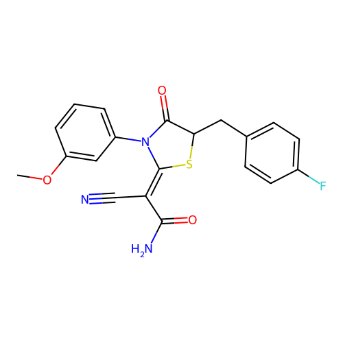 (2Z)-2-cyano-2-[5-(4-fluorobenzyl)-3-(3-methoxyphenyl)-4-oxo-1,3-thiazolidin-2-ylidene]ethanamide structure