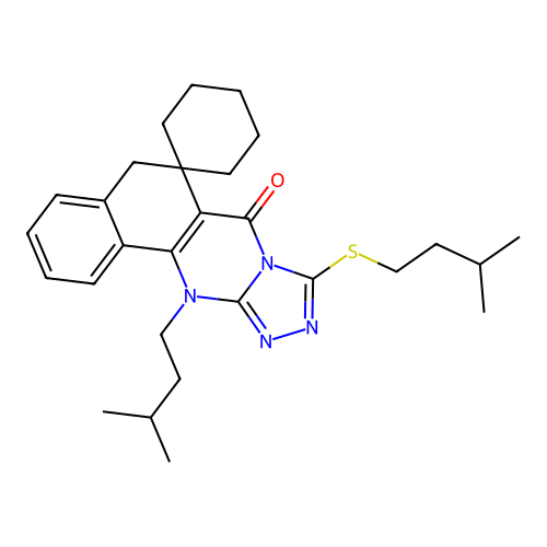 12-(3-methylbutyl)-9-[(3-methylbutyl)sulfanyl]-5H-spiro[benzo[h][1,2,4]triazolo[3,4-b]quinazoline-6,1'-cyclohexan]-7(12H)-one structure