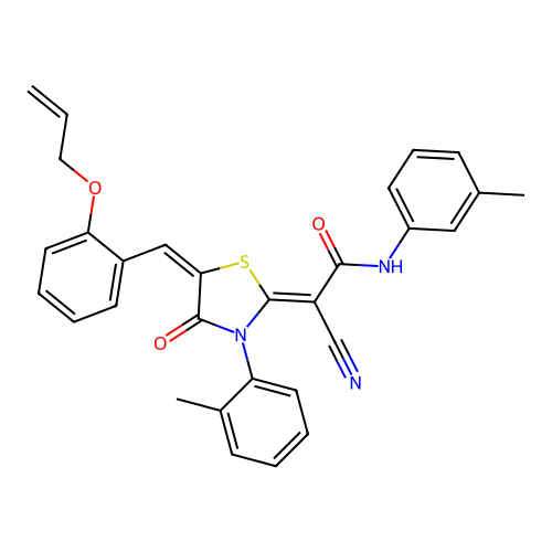(2Z)-2-cyano-N-(3-methylphenyl)-2-[(5E)-3-(2-methylphenyl)-4-oxo-5-[(2-prop-2-enoxyphenyl)methylidene]-1,3-thiazolidin-2-ylidene]acetamide structure