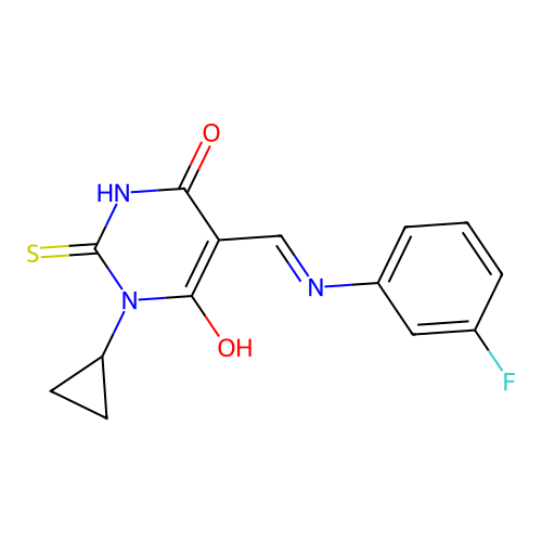 1-cyclopropyl-5-[(3-fluoroanilino)methylidene]-2-sulfanylidene-1,3-diazinane-4,6-dione structure