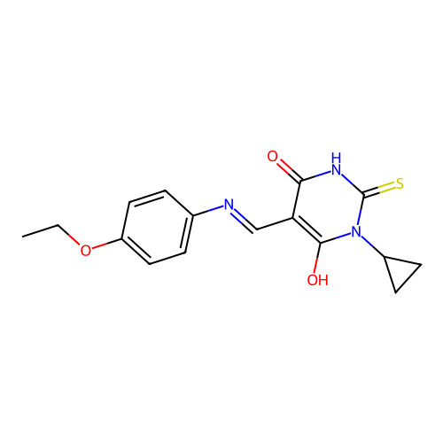 (Z)-1-cyclopropyl-5-(((4-ethoxyphenyl)amino)methylene)-2-thioxodihydropyrimidine-4,6(1H,5H)-dione structure