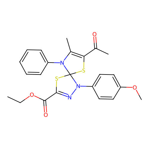 ethyl 7-acetyl-1-(4-methoxyphenyl)-8-methyl-9-phenyl-4,6-dithia-1,2,9-triazaspiro[4.4]nona-2,7-diene-3-carboxylate structure